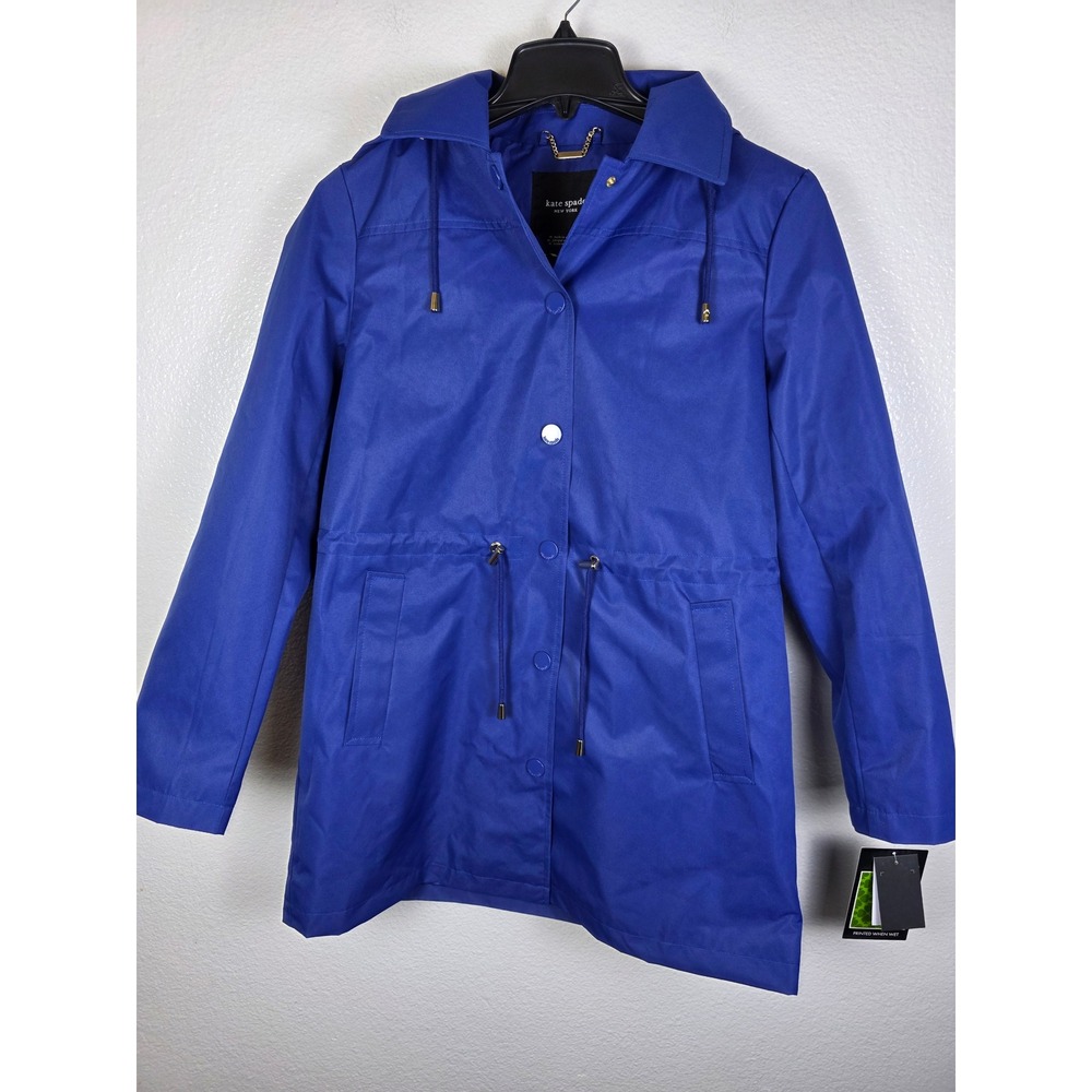 Kate Spade New York Blue Printed When Wet Hooded Rain Jacket Coat Womens Medium